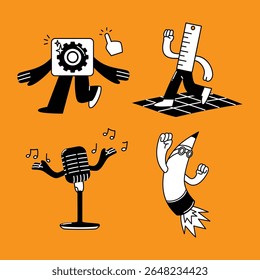 Playful mascot characters representing various creative services in studio or agency workflows, visualized with animated objects.