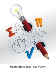 Playful mathematics concept.
Torn paper with mathematics formulas and pencil.Vector available.