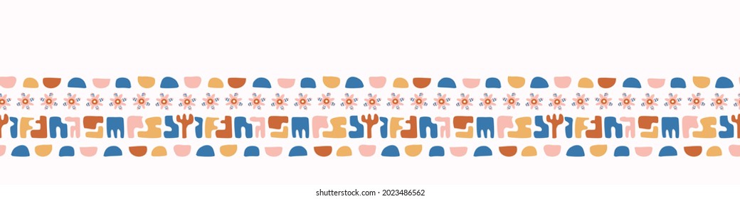 Playful matisse style cut out shape border. Seamless modern scandi collage style edging for retro kids trim. Trendy whimsical geometric kid stationery header in repeatable vector stripe.