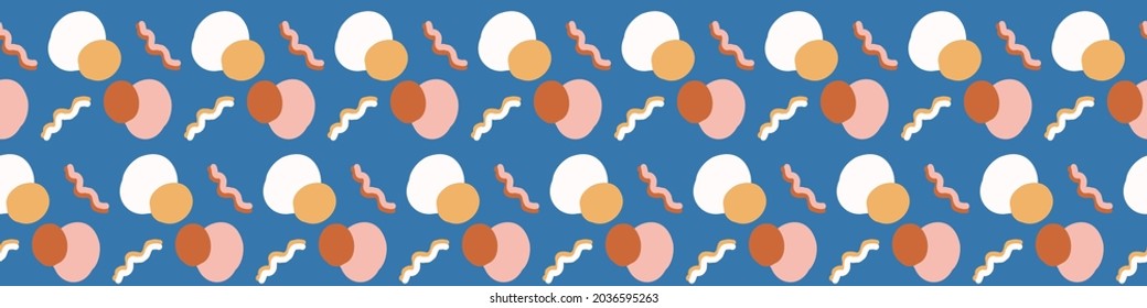 Playful matisse style cut out shape border. Seamless modern scandi collage style edging for retro kids trim. Trendy whimsical geometric kid stationery header in repeatable vector stripe.