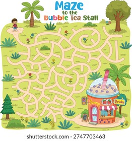 A playful maze shows a boy wanting to navigate winding paths to reach a cheerful drink stall.