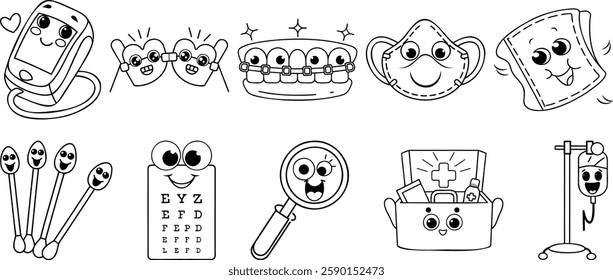 Playful medical and dental items including braces, eye chart, magnifying glass, and first aid kit in cartoon style