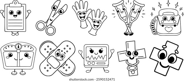 Playful medical items including bandages, crutches, stethoscope, and health symbols in cartoon style