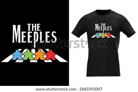 Playful meeple characters recreate iconic Beatles album cover crossing Abbey Road, perfect for board game enthusiasts and music lovers seeking unique apparel.
