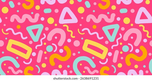 Playful Memphis seamless pattern with hand-drawn doodle elements in pastel colors on vibrant pink background. Retro 80s 90s abstract vector design