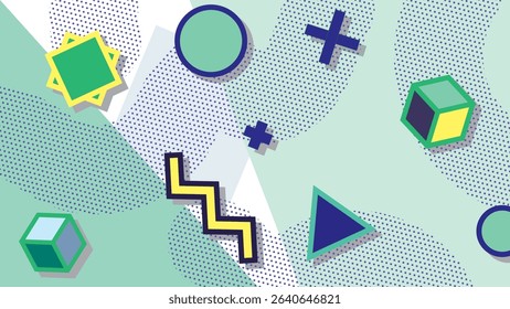 Playful Memphis style background with colorful geometric shapes, zigzags, and halftone dots on a light green base. Suitable for creative marketing, educational materials, or fun digital projects, 