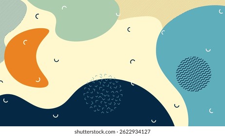 Playful Memphis style background featuring colorful doodles, geometric shapes, and liquid textures. Ideal for banners, posters, and creative flyers.