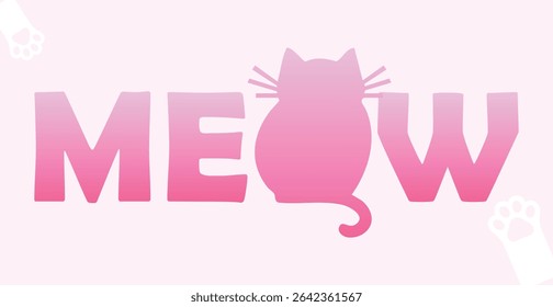 Playful Meow Typography with Cat Ears, Whiskers, Tail and Bold Pink Letters on Black Background. Cute Cartoon Animal Text Logo Design for Kids, Pets, T Shirts, Posters, Stickers, or Branding