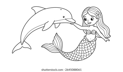Playful Mermaid Interacting With Simplified Dolphin Coloring Page Fun Underwater Friends Scene For Children