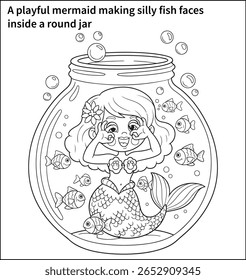 A playful mermaid making silly fish faces inside a round jar with cartoon bubbles and tiny fish—thick, simple lines for young children to color.