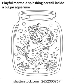 A playful mermaid splashing her tail inside a big jar aquarium, with floating hearts, starfish, and coral.