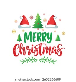 Playful Merry Christmas Vector with Santa Hat Pine Trees and Festive Flourishes