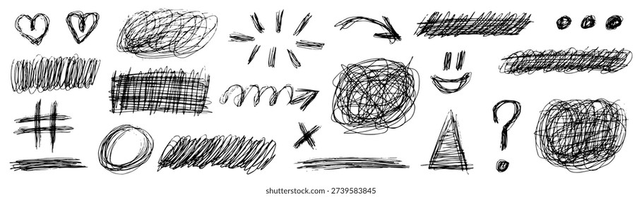 Playful messy pen scribble font with scratch texture, hand drawn doodle marker feel. Messy pen scribble strokes, scratch circles, sketch, pencil and crayon texture.