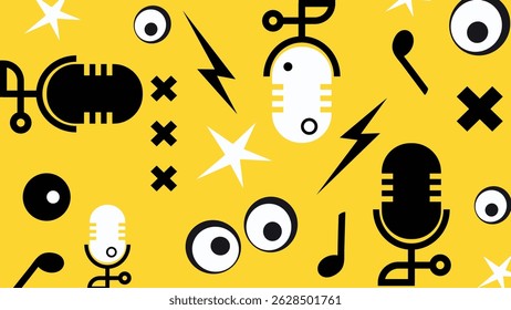 Playful microphone icons and music elements on vibrant yellow. Great for podcast, radio, and digital sound visuals.