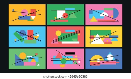 Playful and minimal composition of overlapping colorful shapes and diagonal lines, creating a modern and clean abstract look.