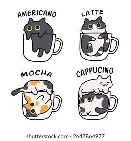 Playful minimalist cartoon cat illustration set. Cute cat coffee illustration 