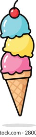 Playful Minimalist Floating Ice Cream Cone With Gravity Defying Colorful Scoops and a Red Cherry on White Background