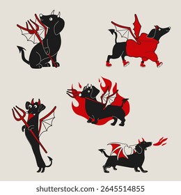 Um brincalhão e travesso desenho animado dachshund com chifres diabólicos e uma atitude ardente.