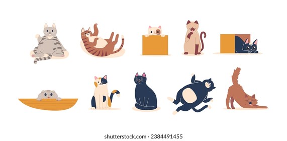 Playful, Mischievous Cats With Quirky Expressions, Engaging In Comical Antics. Cartoon Feline Characters Relaxing