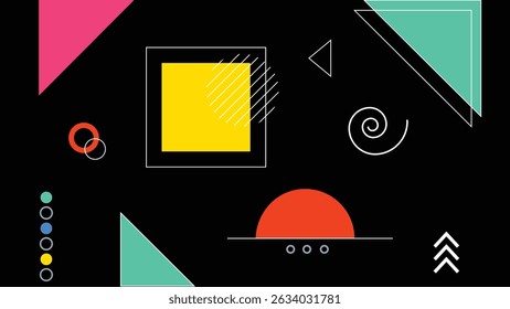 A playful mix of squares, triangles, and semi-circles in bright tones. Suitable for fun branding and modern web backgrounds.