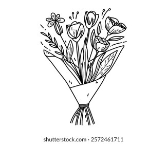 Playful Mixed Flower Bouquet with a Bright Ribbon for a Cheerful and Colorful Garden Party Theme Vector illustration
