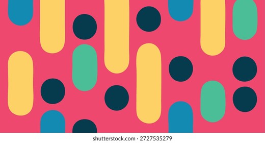 Um divertido e moderno padrão abstrato com um arranjo repetitivo de retângulos arredondados e círculos em amarelo, azul escuro e azul escuro contra um fundo rosa brilhante.