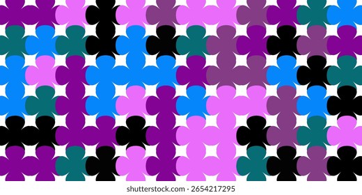 playful and modern abstract seamless pattern with interlocking, puzzle-piece-like shapes in a bold color palette. Perfect for creative backgrounds, fabric, and decorative elements.