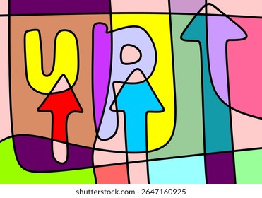 playful modern cubism illustration featuring colorful arrows pointing upwards and the word "UP" prominently displayed.
