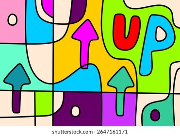 playful modern cubism illustration featuring colorful arrows pointing upwards and the word "UP" prominently displayed.