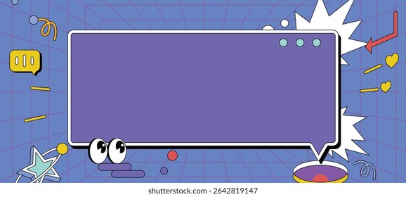 A playful, modern digital chatroom scene in isometric perspective with a large speech bubble at the centre, cartoon eyes peeking from the bottom, and floating icons like stars, hearts and arrows