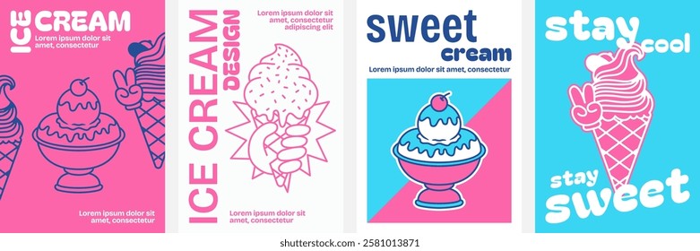 Playful modern ice cream illustration with bold typography, retro pop-art style, and vibrant pink and blue color scheme.