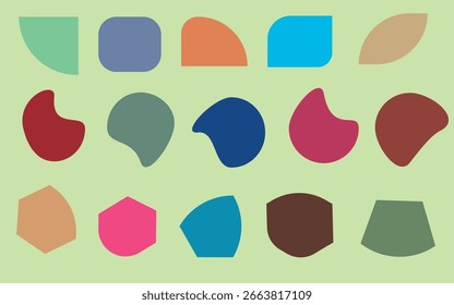 Verspieltes modernes Muster mit mehrfarbigen abstrakten Tropfenformen auf hellgrünem Hintergrund, ideal für kreatives Textildesign, Tapeten, Kinderdekoration und digitale Visuals.
