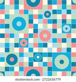Un patrón geométrico sin costuras juguetón y moderno con cuadrados y círculos en tonos de rosa, azul y crema. Ideal para Fondos de pantalla divertidos, estampados textiles y envoltura creativa de regalos.