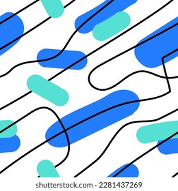 A playful, modern seamless pattern with geometric shapes and bright colors, perfect for adding a fun and energetic touch to any design project.
