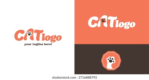 A playful and modern vector logo design featuring the word "CAT" with a stylized cat paw print, presented in various color schemes and as a standalone emblem. This versatile graphic is ideal for pet-related businesses and branding.
