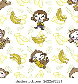 Playful Monkey and Banana Pattern: A Cheerful Repeat Design Featuring Cartoon Monkeys with Bananas and Leaves on a White Background
