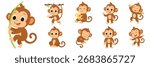 Playful Monkey Cartoon Characters in Various Poses. Hand Drawn Vector Art