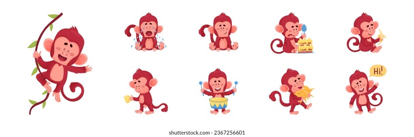 Playful Monkey Character Engaged in Different Activity Vector Set