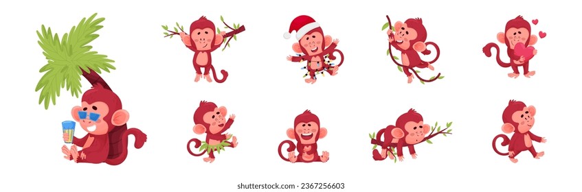 Playful Monkey Character Engaged in Different Activity Vector Set