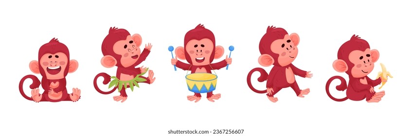 Playful Monkey Character Engaged in Different Activity Vector Set