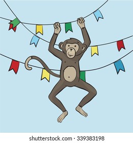 Playful monkey hanging on the garland of flags. Symbol of the year 2016