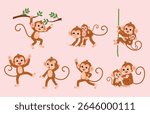 playful monkey hanging on  tree branch, cute mother monkey with baby monkey holding mother monkey