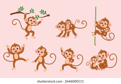playful monkey hanging on  tree branch, cute mother monkey with baby monkey holding mother monkey's back climb a vine, cute monkey pointing finger up, look around, finding, dance, happy, illustration
