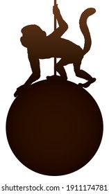 Playful monkey hanging over a round button in silhouettes style, isolated over white background.