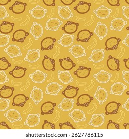 Playful Monkey Heads Pattern Fabric Motif Illustration. Cute Monkeys and Bananas Seamless Pattern. 