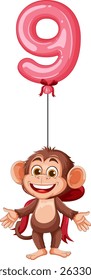 A playful monkey holding a pink number nine balloon. Bright colors and cartoon style create a joyful, whimsical scene