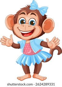 Playful monkey illustration with a blue dress and bow, vibrant colors, and joyful expression. Ideal for children's content
