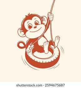 Playful monkey swinging on tire