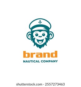 Playful Monkey Wear Captain Hat For Ship Navy Navigator Logo Design