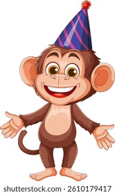 A playful monkey wearing a colorful party hat, illustrated in a vibrant cartoon style with expressive features